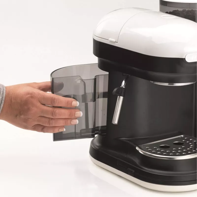 Ariete 1318 Moderna Cafetera espresso con molinillo de café integrado, para granos de café y café molido, boquilla espumadora de leche para capuchino, filtro para 1 y 2 tazas, 1080 W, 800 cc, blanco