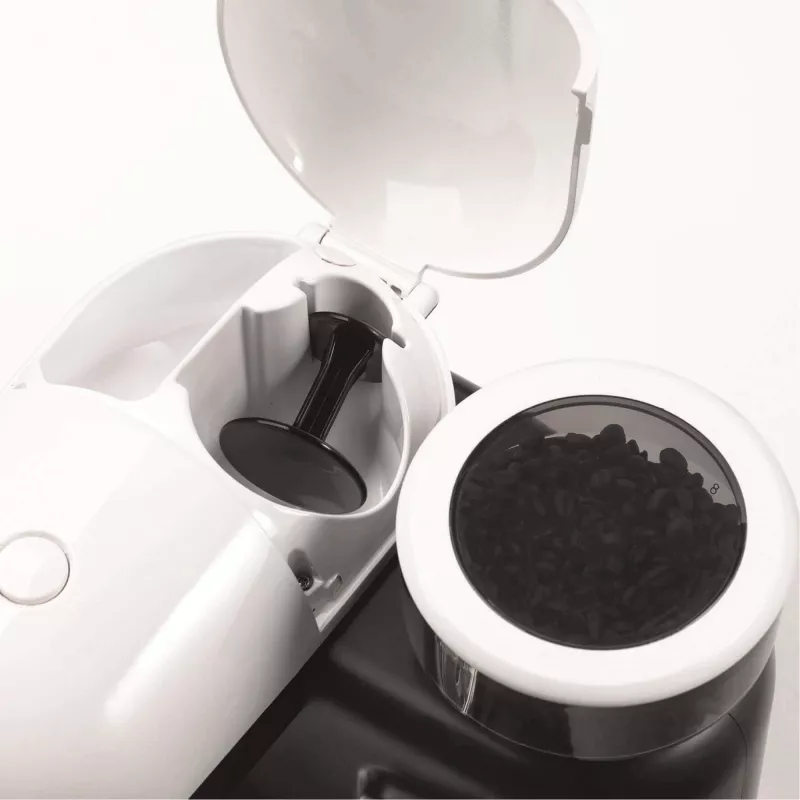 Ariete 1318 Moderna Cafetera espresso con molinillo de café integrado, para granos de café y café molido, boquilla espumadora de leche para capuchino, filtro para 1 y 2 tazas, 1080 W, 800 cc, blanco