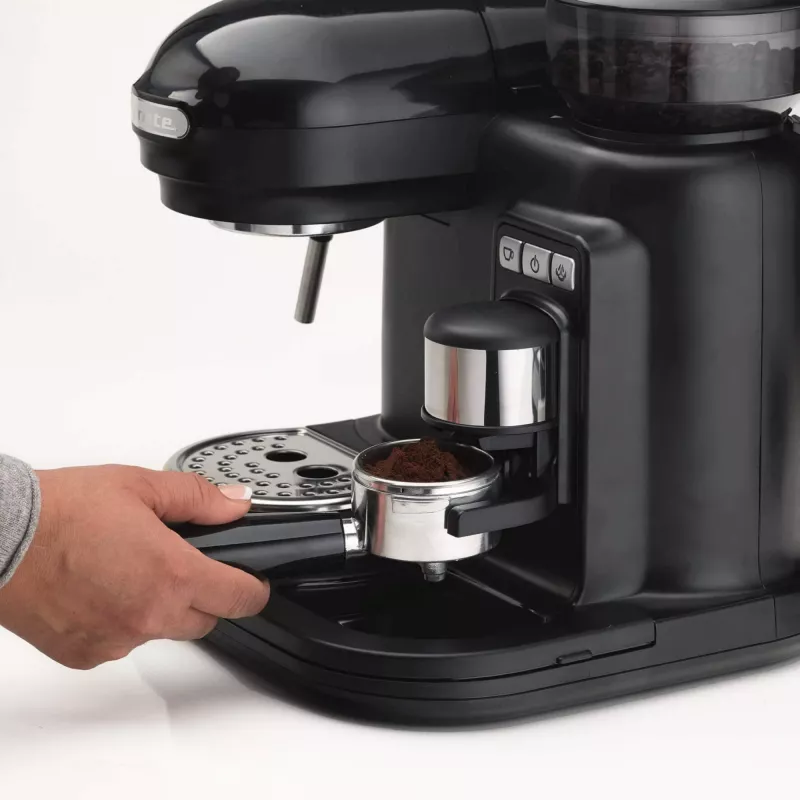 Ariete 1318 Moderna Cafetera espresso con molinillo de café integrado, para granos de café y café molido, espumador de leche para capuchino, filtro para 1 y 2 tazas, 1080 W, 800 ml, negro