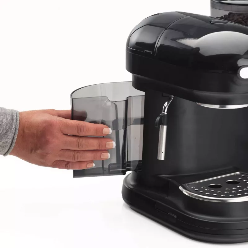 Ariete 1318 Moderna Cafetera espresso con molinillo de café integrado, para granos de café y café molido, espumador de leche para capuchino, filtro para 1 y 2 tazas, 1080 W, 800 ml, negro