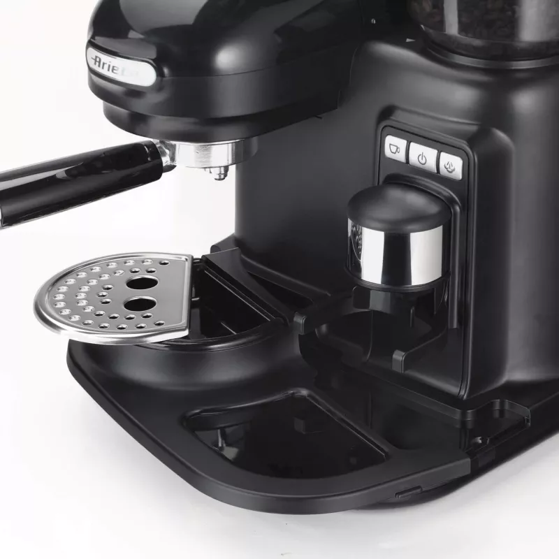Ariete 1318 Moderna Cafetera espresso con molinillo de café integrado, para granos de café y café molido, espumador de leche para capuchino, filtro para 1 y 2 tazas, 1080 W, 800 ml, negro