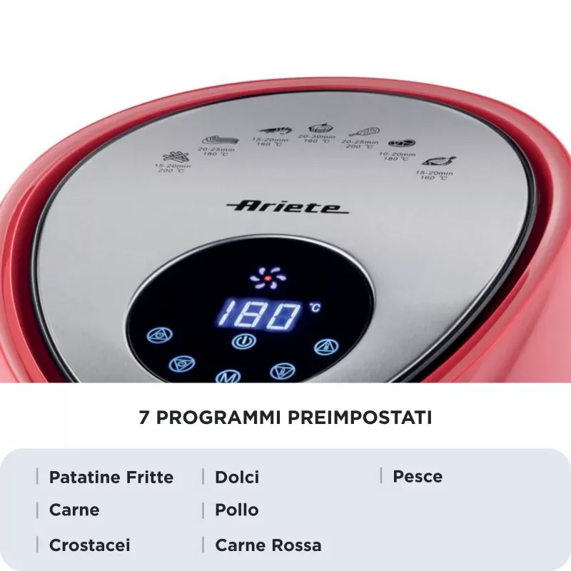 Ariete 4618 Airy Fryer XXL - Freidora de aire - Freír 2,5 kg de patatas fritas - 7 litros - Cocinar sin aceite ni grasa - 1800 vatios - rojo