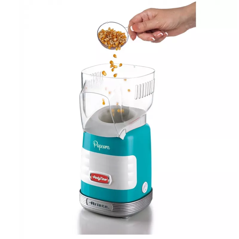 Ariete 2956, Pop Corn Party Time, máquina de palomitas, hace estallar 60 g de maíz para palomitas en 2 minutos con aire caliente, sin grasa, 1000 vatios, azul