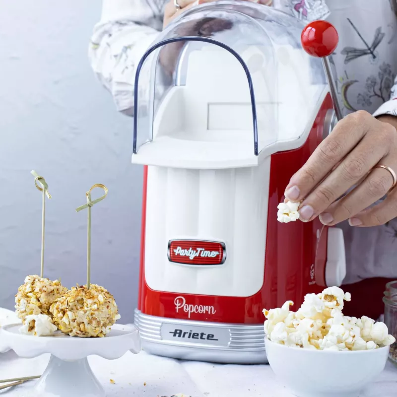 Ariete 2958 Pop Corn Maker Party Time, máquina de palomitas con palanca, 1100 vatios, capacidad 600 g, preparación con aire caliente sin grasa, rojo