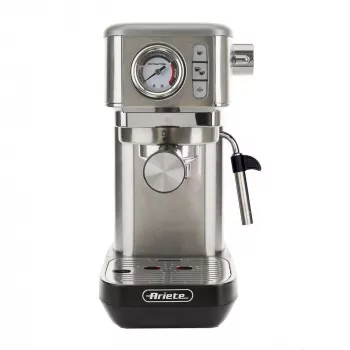 Ariete 1381 Cafetera con manómetro, apta para café molido y cápsulas ESE, 1300 W, capacidad 1,1 l, presión 15 bar, filtro para ½ tazas, boquilla para capuchino, plata