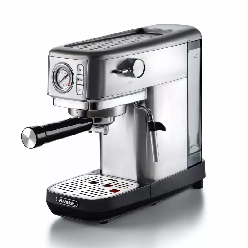 Ariete 1381 Cafetera con manómetro, apta para café molido y cápsulas ESE, 1300 W, capacidad 1,1 l, presión 15 bar, filtro para ½ tazas, boquilla para capuchino, plata