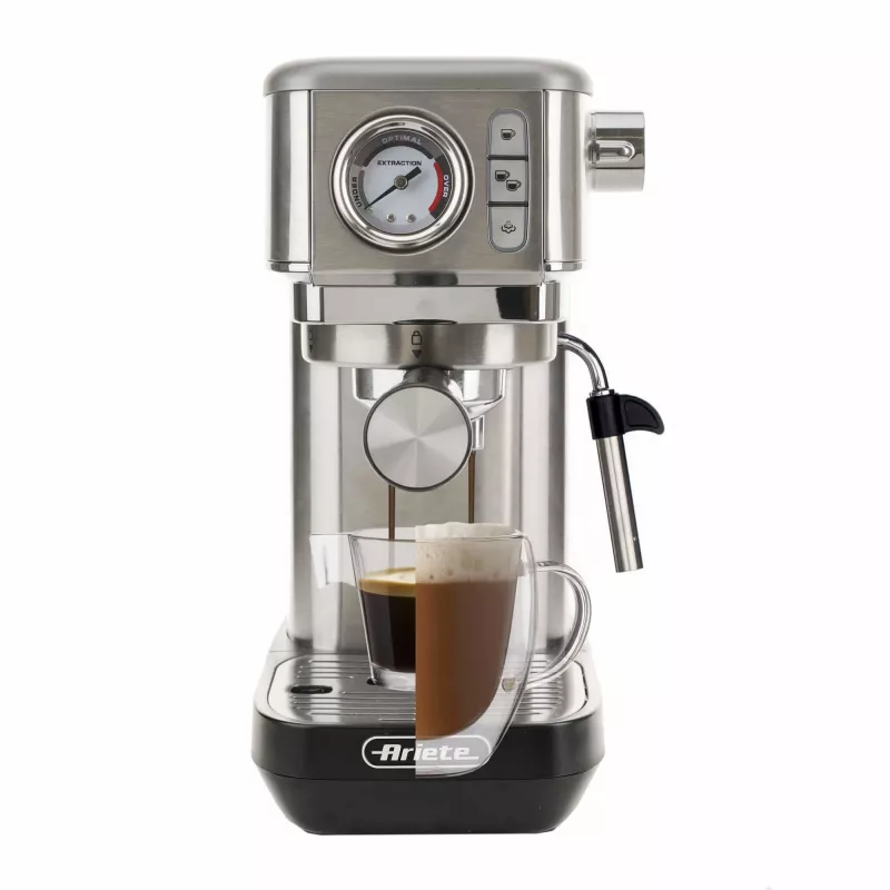 Ariete 1381 Cafetera con manómetro, apta para café molido y cápsulas ESE, 1300 W, capacidad 1,1 l, presión 15 bar, filtro para ½ tazas, boquilla para capuchino, plata