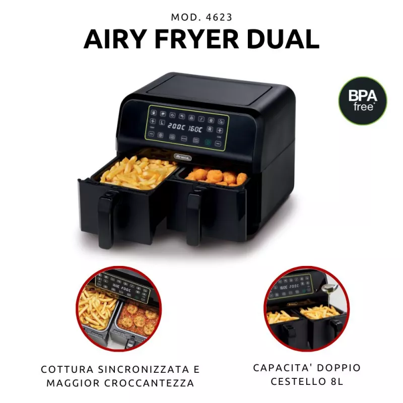 Ariete 4623 Airy Fryer Dual, freidora de aire con cesta doble, 1700 W, capacidad 8 l, 3 funciones de cocción, panel táctil LED digital, 8 programas preestablecidos, temporizador, 2 cestas, negro