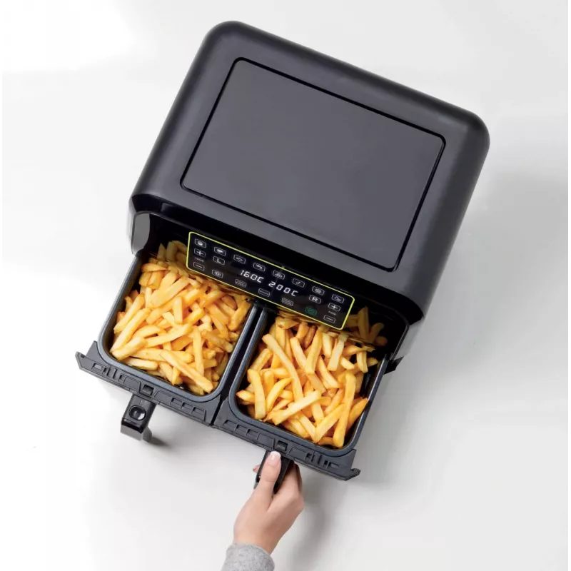 Ariete 4623 Airy Fryer Dual, freidora de aire con cesta doble, 1700 W, capacidad 8 l, 3 funciones de cocción, panel táctil LED digital, 8 programas preestablecidos, temporizador, 2 cestas, negro