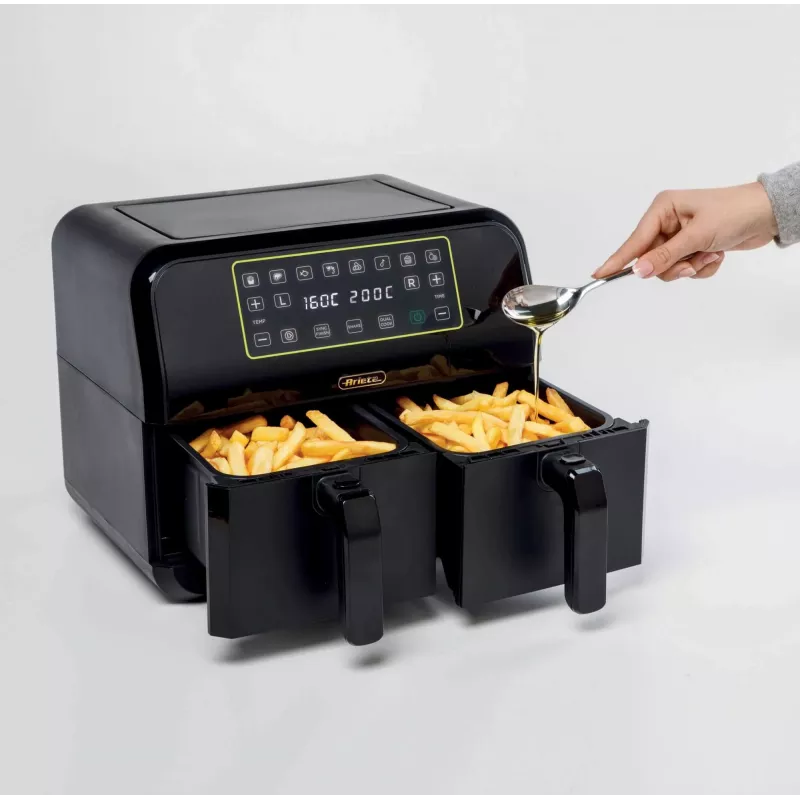 Ariete 4623 Airy Fryer Dual, freidora de aire con cesta doble, 1700 W, capacidad 8 l, 3 funciones de cocción, panel táctil LED digital, 8 programas preestablecidos, temporizador, 2 cestas, negro