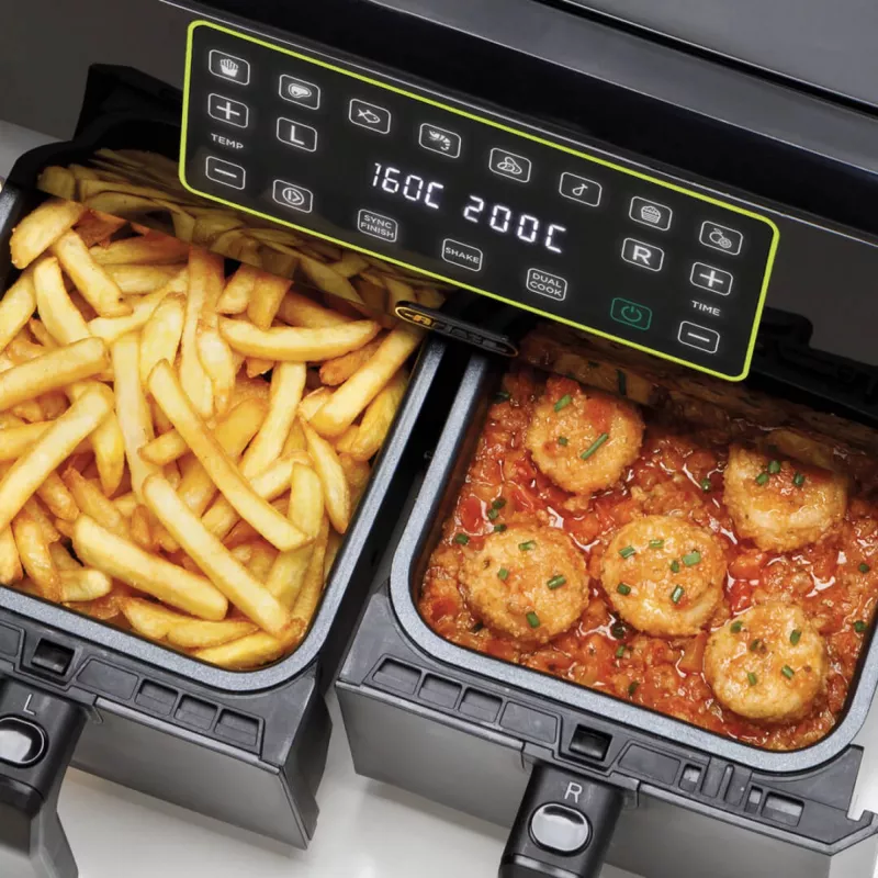 Ariete 4623 Airy Fryer Dual, freidora de aire con cesta doble, 1700 W, capacidad 8 l, 3 funciones de cocción, panel táctil LED digital, 8 programas preestablecidos, temporizador, 2 cestas, negro