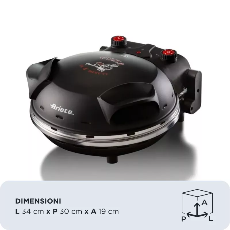 Ariete 917 Horno para pizza - Pizza en 4 minutos - Placa de piedra refractaria con recubrimiento antiadherente - Temperatura máx. 400 °C - 1200 vatios - Temporizador 30' - negro