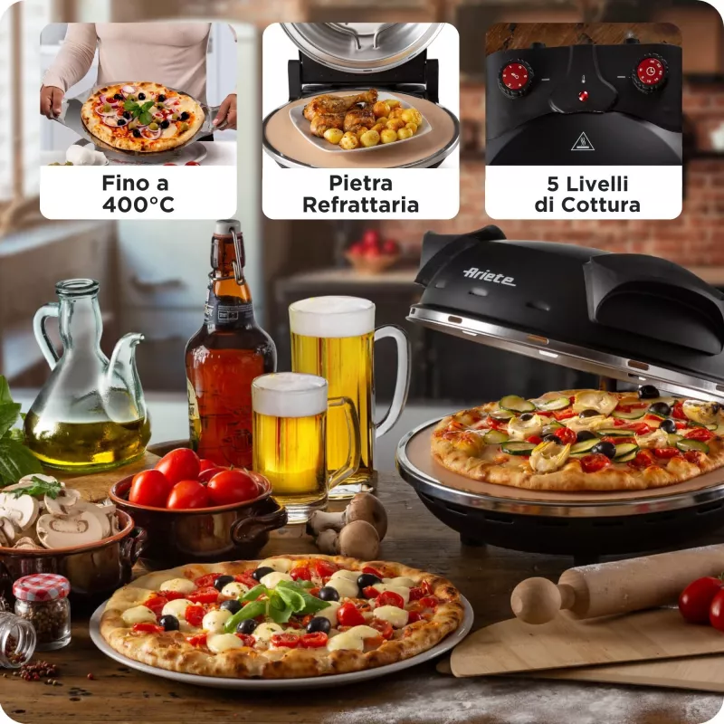 Ariete 917 Horno para pizza - Pizza en 4 minutos - Placa de piedra refractaria con recubrimiento antiadherente - Temperatura máx. 400 °C - 1200 vatios - Temporizador 30' - negro