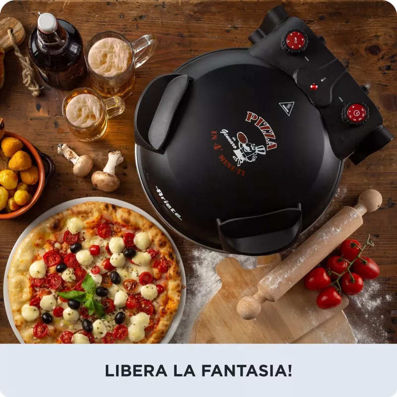 Ariete 917 Horno para pizza - Pizza en 4 minutos - Placa de piedra refractaria con recubrimiento antiadherente - Temperatura máx. 400 °C - 1200 vatios - Temporizador 30' - negro