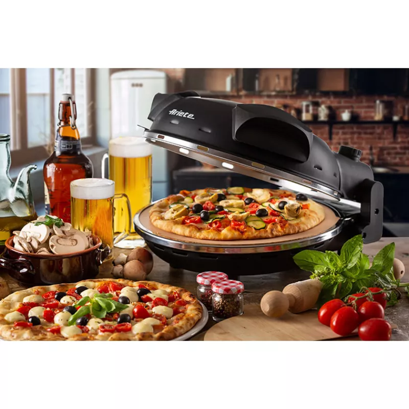 Ariete 917 Horno para pizza - Pizza en 4 minutos - Placa de piedra refractaria con recubrimiento antiadherente - Temperatura máx. 400 °C - 1200 vatios - Temporizador 30' - negro