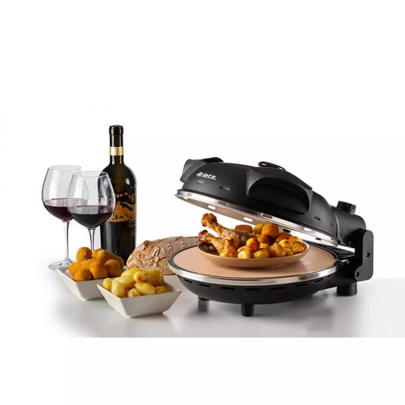 Ariete 917 Horno para pizza - Pizza en 4 minutos - Placa de piedra refractaria con recubrimiento antiadherente - Temperatura máx. 400 °C - 1200 vatios - Temporizador 30' - negro