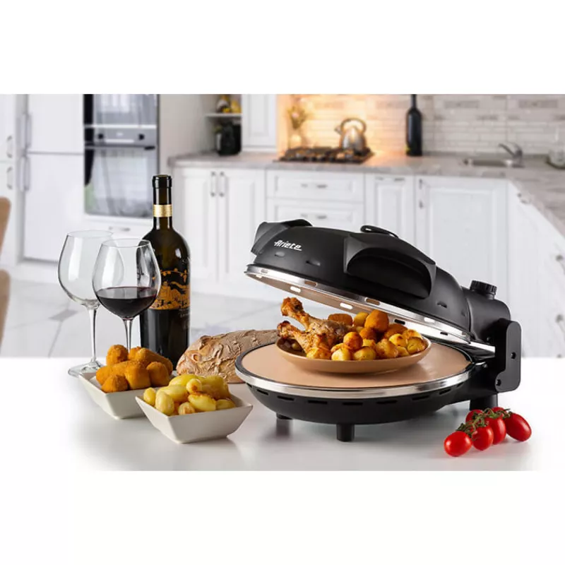 Ariete 917 Horno para pizza - Pizza en 4 minutos - Placa de piedra refractaria con recubrimiento antiadherente - Temperatura máx. 400 °C - 1200 vatios - Temporizador 30' - negro