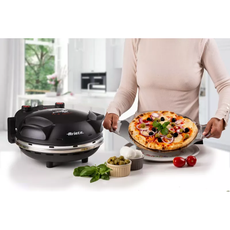 Ariete 917 Horno para pizza - Pizza en 4 minutos - Placa de piedra refractaria con recubrimiento antiadherente - Temperatura máx. 400 °C - 1200 vatios - Temporizador 30' - negro