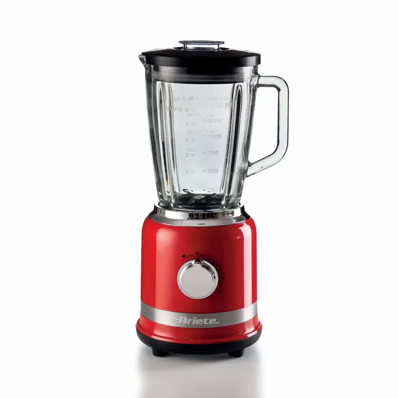 Ariete Moderna Batidora roja con jarra de vidrio, batidora de mesa, 1,5 L, función de pulso, trituradora de hielo, 1000 W, rojo