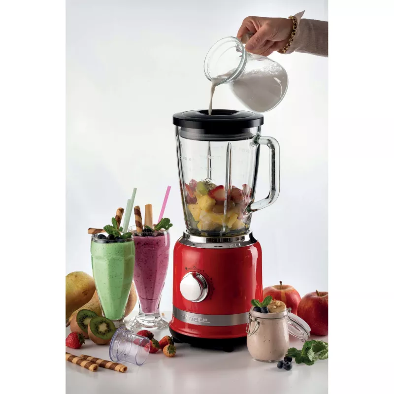 Ariete Moderna Batidora roja con jarra de vidrio, batidora de mesa, 1,5 L, función de pulso, trituradora de hielo, 1000 W, rojo