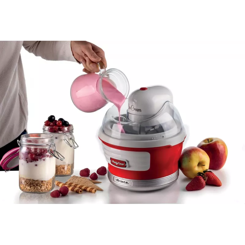 Ariete 643 Máquina de helados Party Time, máquina de helados, 12 W, capacidad 1,5 L, recipiente extraíble con doble aislamiento, tiempo de preparación 30 minutos, tapa para añadir ingredientes, rojo