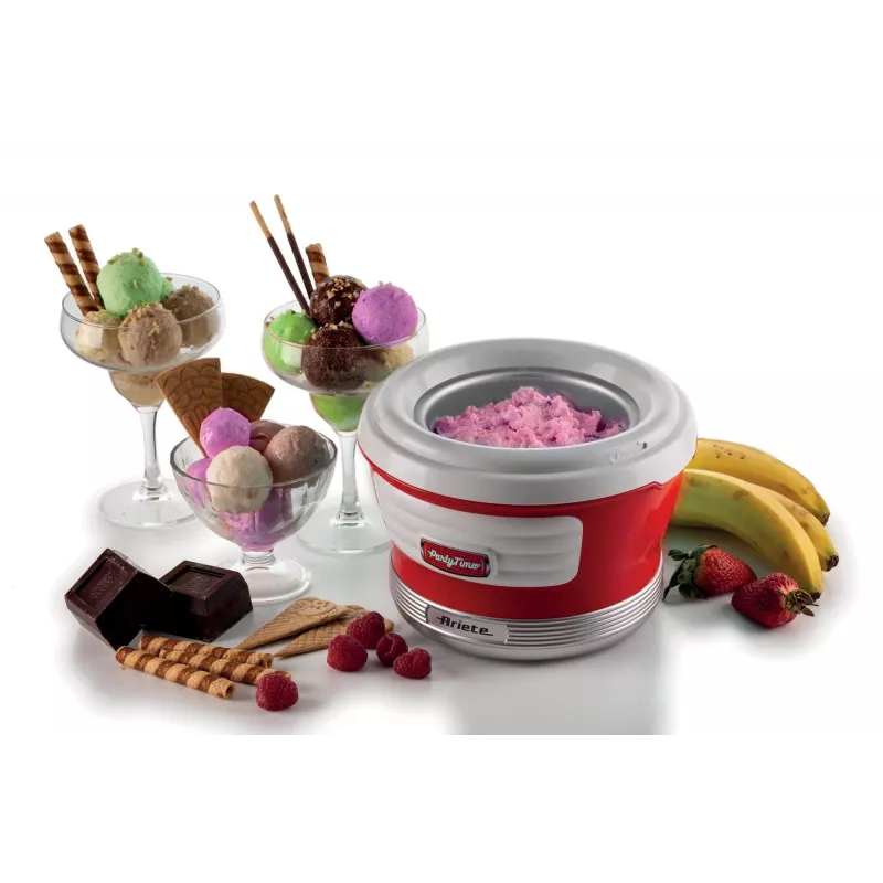 Ariete 643 Máquina de helados Party Time, máquina de helados, 12 W, capacidad 1,5 L, recipiente extraíble con doble aislamiento, tiempo de preparación 30 minutos, tapa para añadir ingredientes, rojo