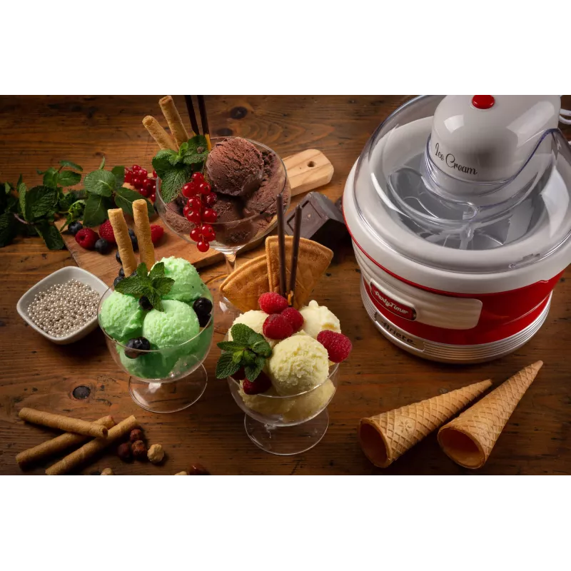 Ariete 643 Máquina de helados Party Time, máquina de helados, 12 W, capacidad 1,5 L, recipiente extraíble con doble aislamiento, tiempo de preparación 30 minutos, tapa para añadir ingredientes, rojo