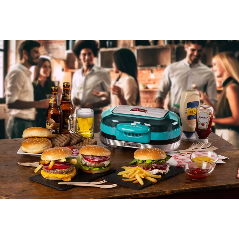 Ariete 205 Hamburger Maker Party Time, máquina de hamburguesas, 1200 W, placas antiadherentes dobles, 2 compartimentos, fácil de limpiar, azul