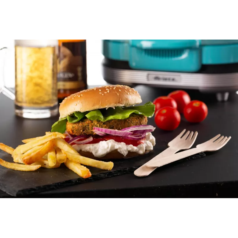Ariete 205 Hamburger Maker Party Time, máquina de hamburguesas, 1200 W, placas antiadherentes dobles, 2 compartimentos, fácil de limpiar, azul