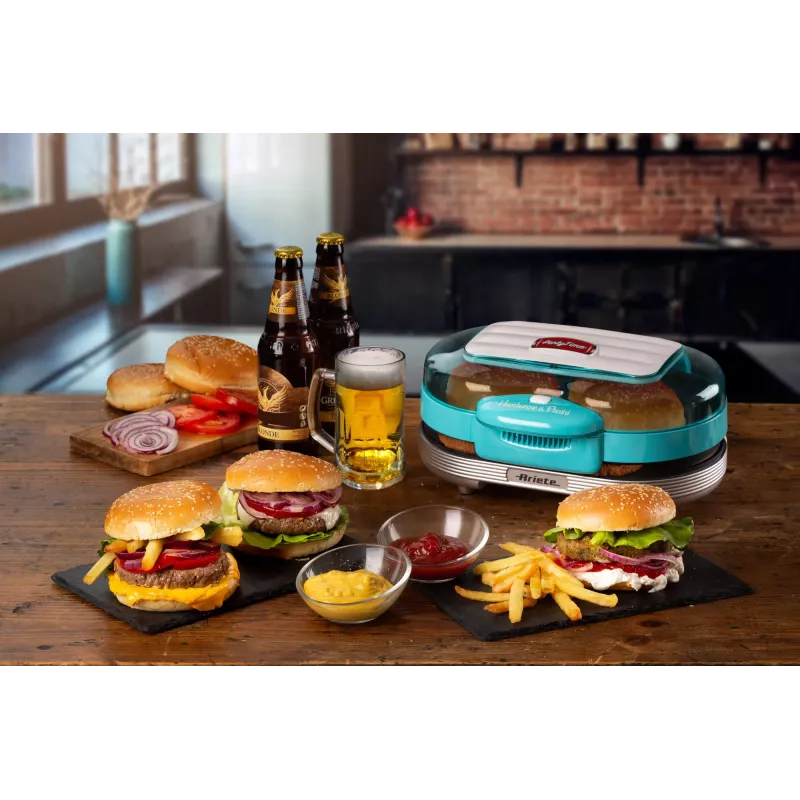 Ariete 205 Hamburger Maker Party Time, máquina de hamburguesas, 1200 W, placas antiadherentes dobles, 2 compartimentos, fácil de limpiar, azul