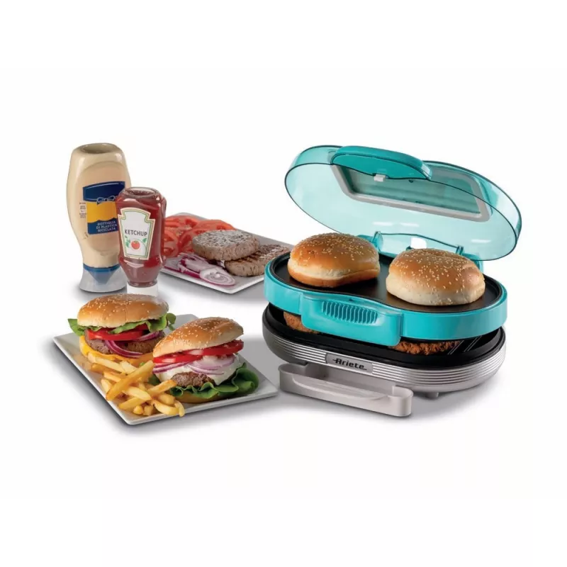Ariete 205 Hamburger Maker Party Time, máquina de hamburguesas, 1200 W, placas antiadherentes dobles, 2 compartimentos, fácil de limpiar, azul