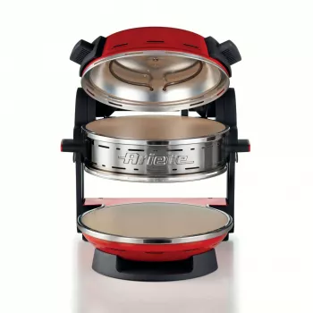 Ariete 927 Pizzeria, horno doble para pizza, 2 pizzas en 4 minutos, 2300 W, 2 piedras refractarias, 2 termostatos, diámetro 32 cm, 5 niveles de cocción, 2 palas de acero inoxidable, rojo