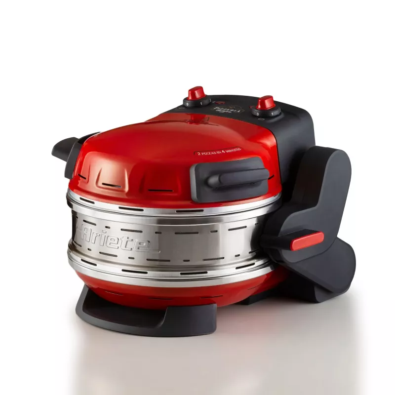 Ariete 927 Pizzeria, horno doble para pizza, 2 pizzas en 4 minutos, 2300 W, 2 piedras refractarias, 2 termostatos, diámetro 32 cm, 5 niveles de cocción, 2 palas de acero inoxidable, rojo