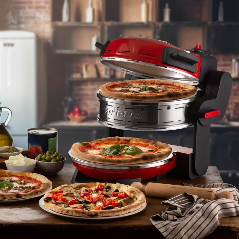 Ariete 927 Pizzeria, horno doble para pizza, 2 pizzas en 4 minutos, 2300 W, 2 piedras refractarias, 2 termostatos, diámetro 32 cm, 5 niveles de cocción, 2 palas de acero inoxidable, rojo