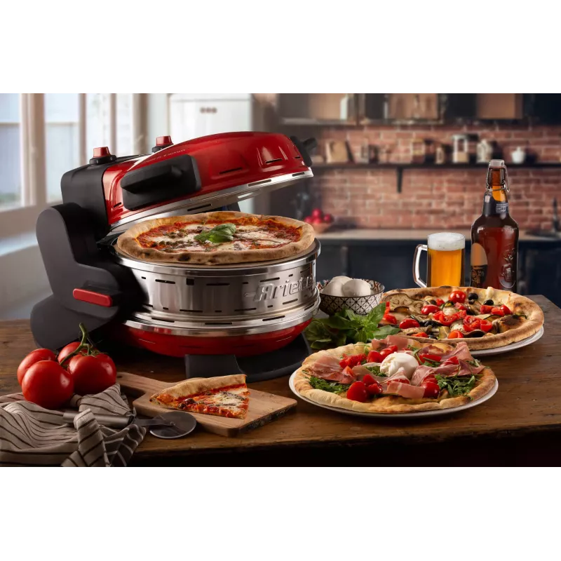 Ariete 927 Pizzeria, horno doble para pizza, 2 pizzas en 4 minutos, 2300 W, 2 piedras refractarias, 2 termostatos, diámetro 32 cm, 5 niveles de cocción, 2 palas de acero inoxidable, rojo