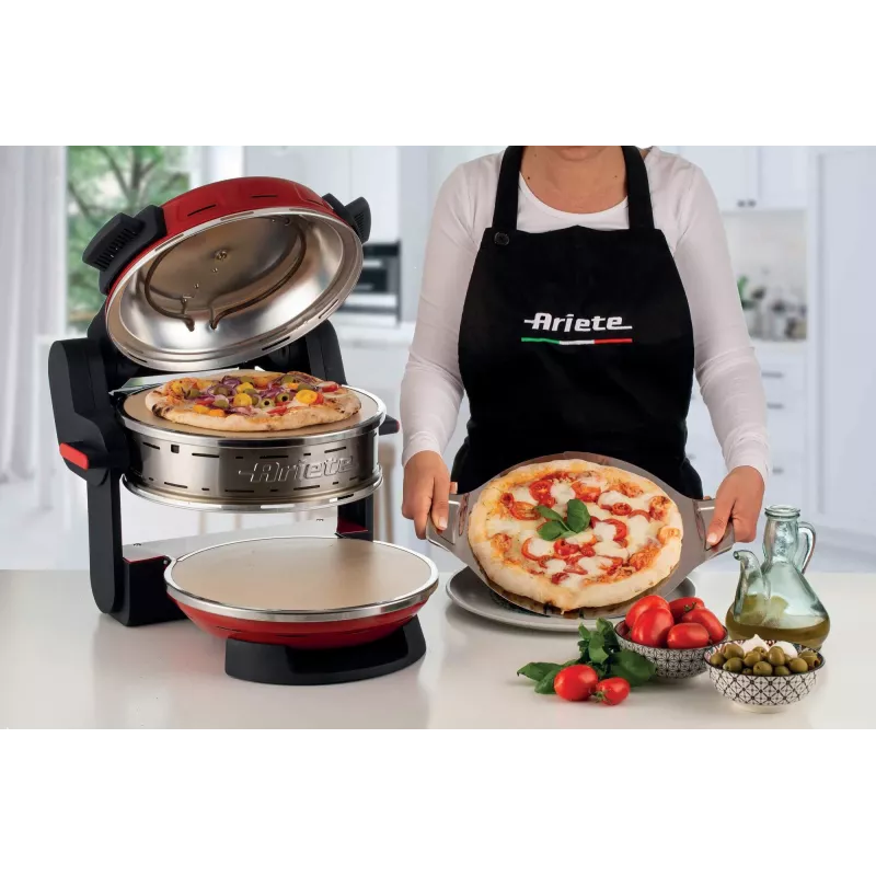 Ariete 927 Pizzeria, horno doble para pizza, 2 pizzas en 4 minutos, 2300 W, 2 piedras refractarias, 2 termostatos, diámetro 32 cm, 5 niveles de cocción, 2 palas de acero inoxidable, rojo