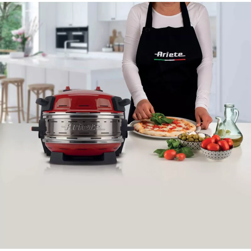 Ariete 927 Pizzeria, horno doble para pizza, 2 pizzas en 4 minutos, 2300 W, 2 piedras refractarias, 2 termostatos, diámetro 32 cm, 5 niveles de cocción, 2 palas de acero inoxidable, rojo
