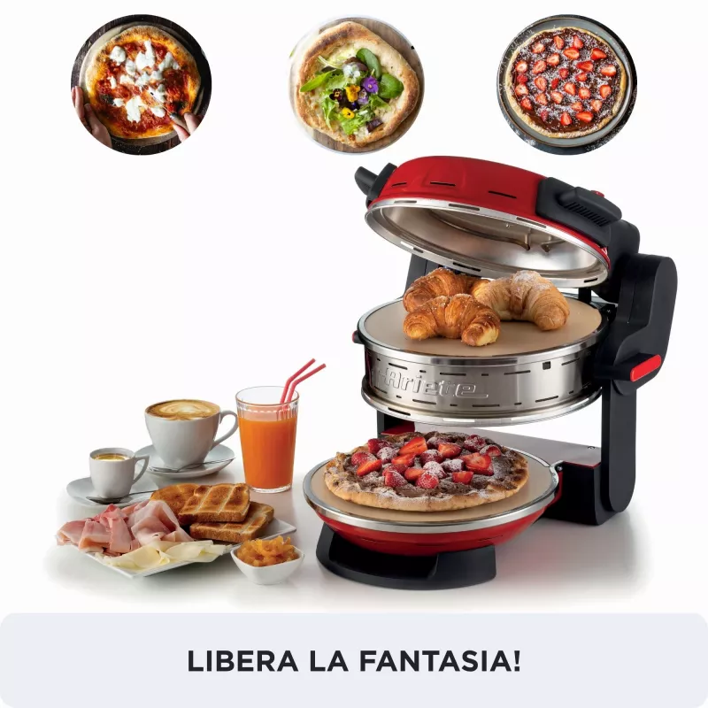 Ariete 927 Pizzeria, horno doble para pizza, 2 pizzas en 4 minutos, 2300 W, 2 piedras refractarias, 2 termostatos, diámetro 32 cm, 5 niveles de cocción, 2 palas de acero inoxidable, rojo