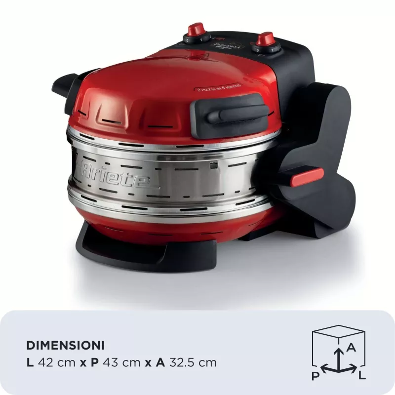 Ariete 927 Pizzeria, horno doble para pizza, 2 pizzas en 4 minutos, 2300 W, 2 piedras refractarias, 2 termostatos, diámetro 32 cm, 5 niveles de cocción, 2 palas de acero inoxidable, rojo