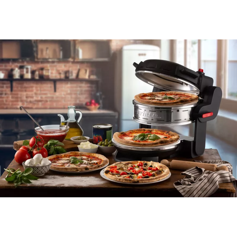 Ariete 927 Pizzeria , horno doble para pizza, 2 pizzas en 4 minutos, 2300 W, 2 piedras refractarias, 2 termostatos, diámetro 32 cm, 5 niveles de cocción, 2 palas de acero inoxidable, rojo