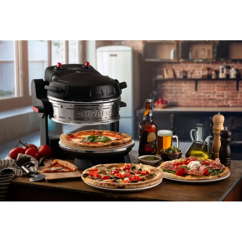 Ariete 927 Pizzeria , horno doble para pizza, 2 pizzas en 4 minutos, 2300 W, 2 piedras refractarias, 2 termostatos, diámetro 32 cm, 5 niveles de cocción, 2 palas de acero inoxidable, rojo
