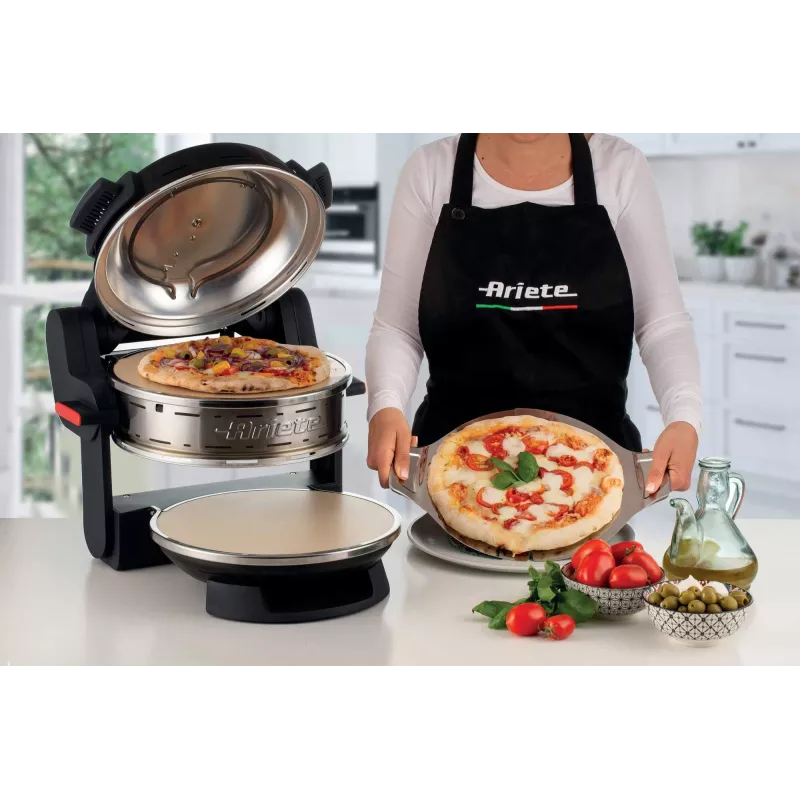 Ariete 927 Pizzeria , horno doble para pizza, 2 pizzas en 4 minutos, 2300 W, 2 piedras refractarias, 2 termostatos, diámetro 32 cm, 5 niveles de cocción, 2 palas de acero inoxidable, rojo