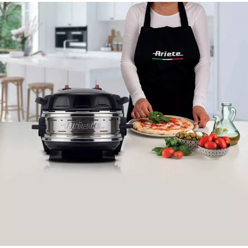 Ariete 927 Pizzeria , horno doble para pizza, 2 pizzas en 4 minutos, 2300 W, 2 piedras refractarias, 2 termostatos, diámetro 32 cm, 5 niveles de cocción, 2 palas de acero inoxidable, rojo