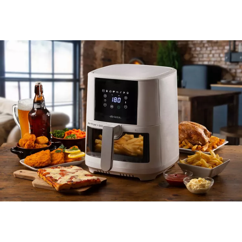 Ariete 4626 Airy Fryer 6L, freidora de aire, 1300 W, capacidad 6 l, capacidad de cámara 2,5 kg, 8 programas preestablecidos, temperatura hasta 200 °C, cesta transparente para controlar la cocción, negro