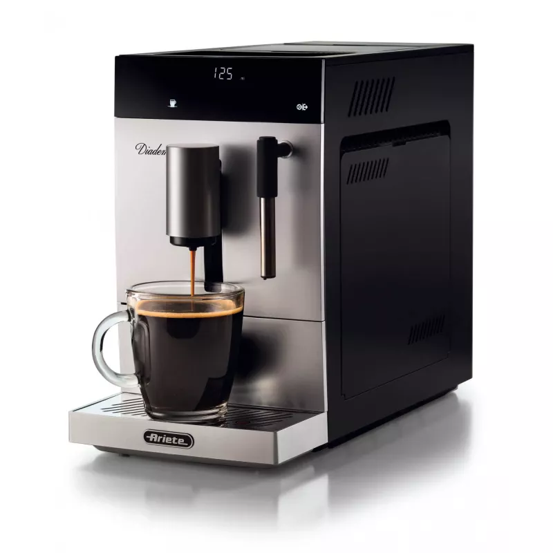 Ariete 1452 Diadema, cafetera automática, 1350 W, presión 19 bar, para café, americano y agua caliente, boquilla para cappuccino, indicador LED, salida ajustable, plata