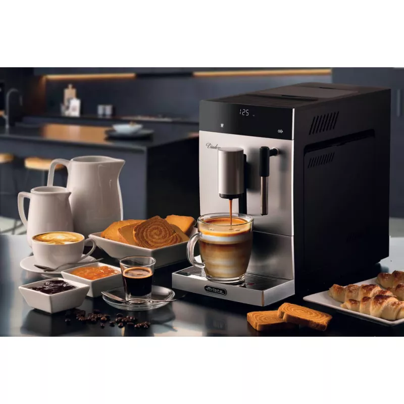 Ariete 1452 Diadema, cafetera automática, 1350 W, presión 19 bar, para café, americano y agua caliente, boquilla para cappuccino, indicador LED, salida ajustable, plata