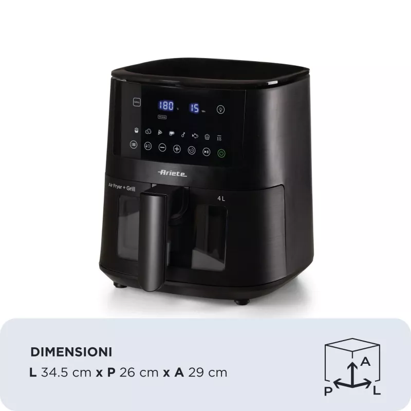 Ariete 4633, freidora de aire 4L, 1400W, capacidad 4L, 9 programas, función shake y grill, temperatura hasta 200°C, negro