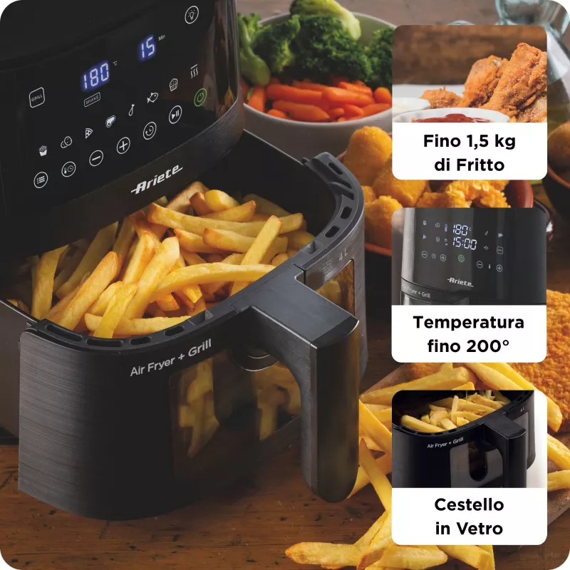 Ariete 4633, freidora de aire 4L, 1400W, capacidad 4L, 9 programas, función shake y grill, temperatura hasta 200°C, negro