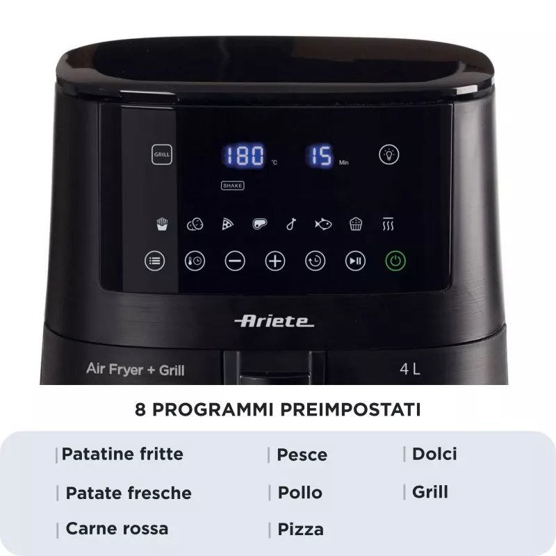 Ariete 4633, freidora de aire 4L, 1400W, capacidad 4L, 9 programas, función shake y grill, temperatura hasta 200°C, negro