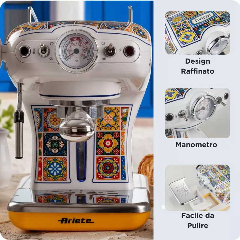 Ariete 1389 Positano cafetera, 850 W, capacidad del depósito 0,9 l, filtro para 1 o 2 tazas, bandeja recogegotas, espumador de leche